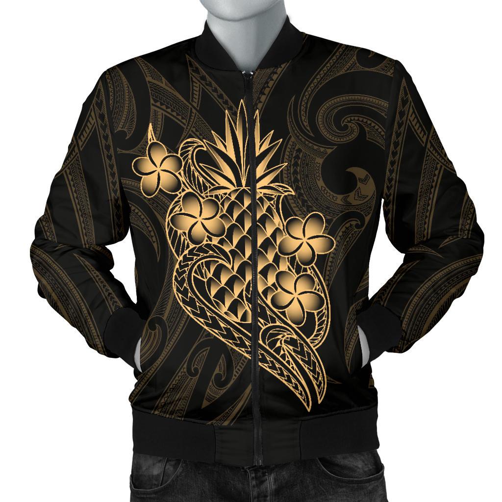 Polynesian Men's Bomber Jacket - Gold Pineapple Black - Polynesian Pride