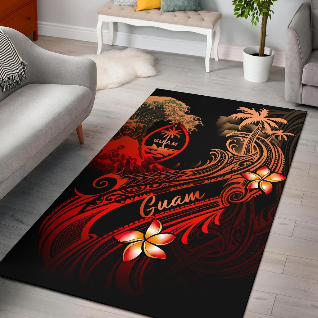 Guam Polynesian Area Rug - Plumeria Flowers And Waves Red - Polynesian Pride