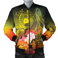 Custom Personalised Samoa Men's Bomber Jacket- Humpback Whale with Tropical Flowers (Yellow) Yellow - Polynesian Pride