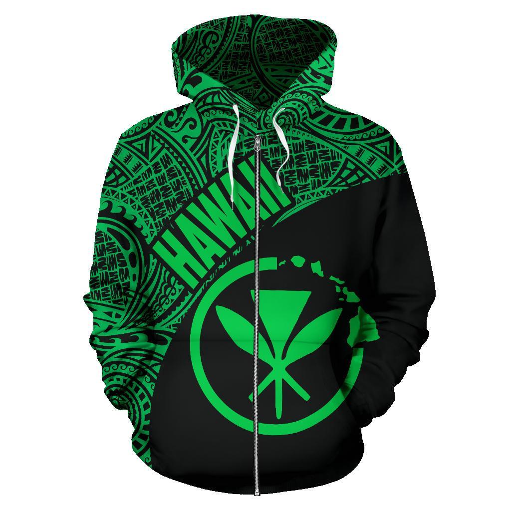 Hawaii Zip up Hoodie Hawaii Kanaka Maoli Polynesian Tattoo Black Green Version - Polynesian Pride