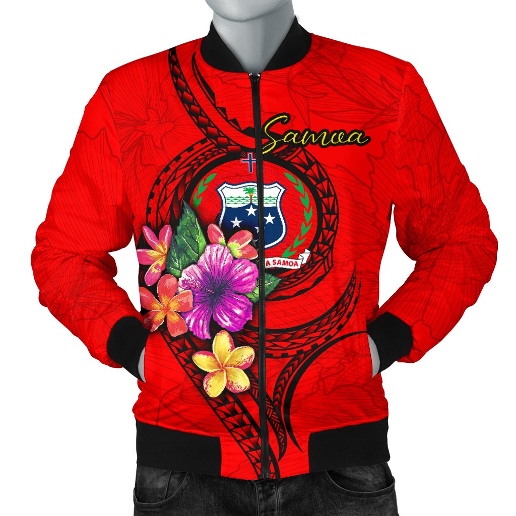 Samoa Polynesian Men's Bomber Jacket - Floral With Seal Red Red - Polynesian Pride