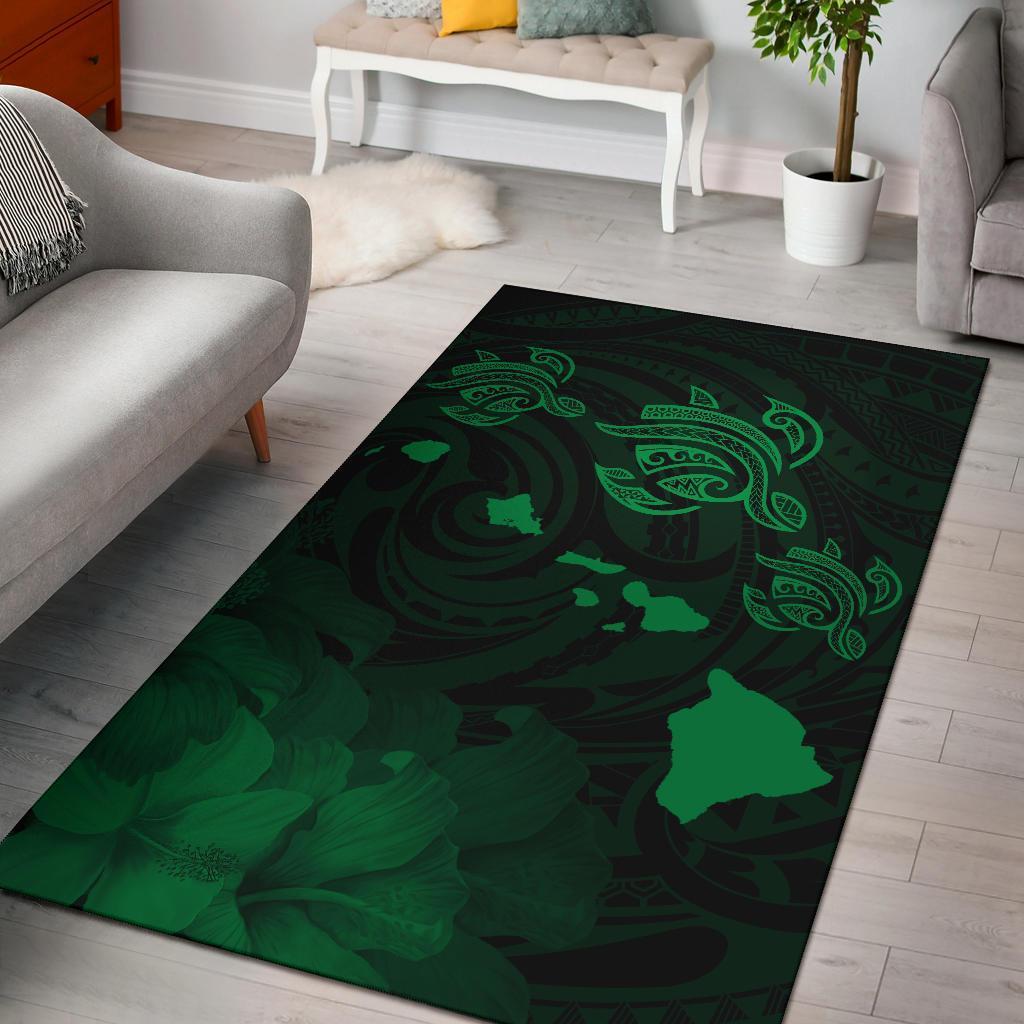 Hawaii Turtle Hibiscus Map Polynesian Area Rug AH Rug Green - Polynesian Pride