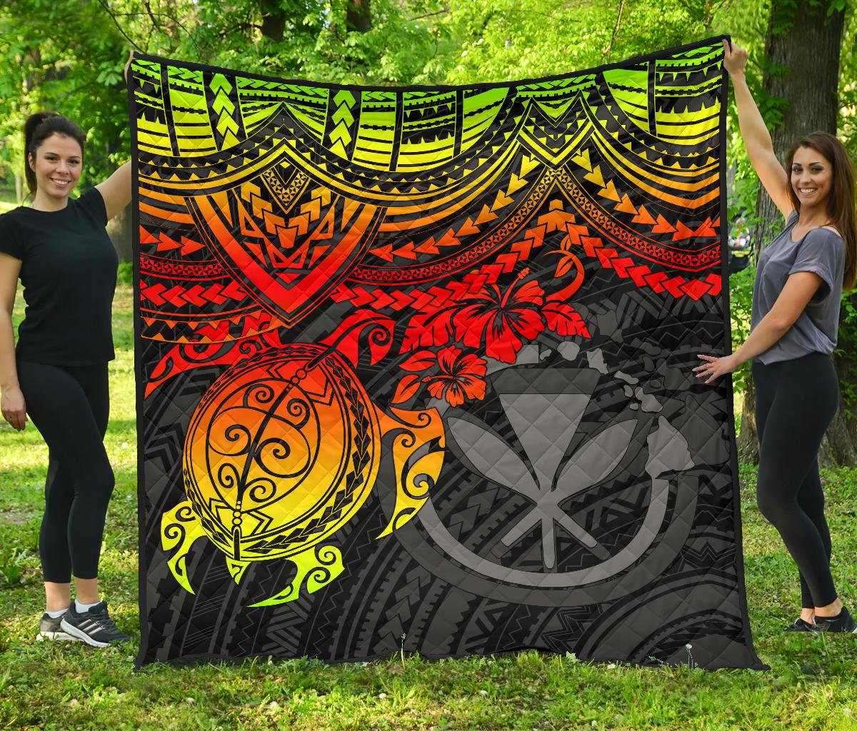 Hawaii Polynesian Premium Quilt - Kanaka Maoli & Reggae Turtle Hibiscus RED - Polynesian Pride