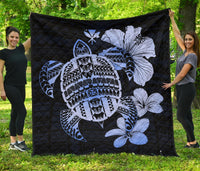 Hawaiian Kanaka Hibiscus Plumeria Mix Polynesian Turtle Premium Quilt Blue AH Blue - Polynesian Pride