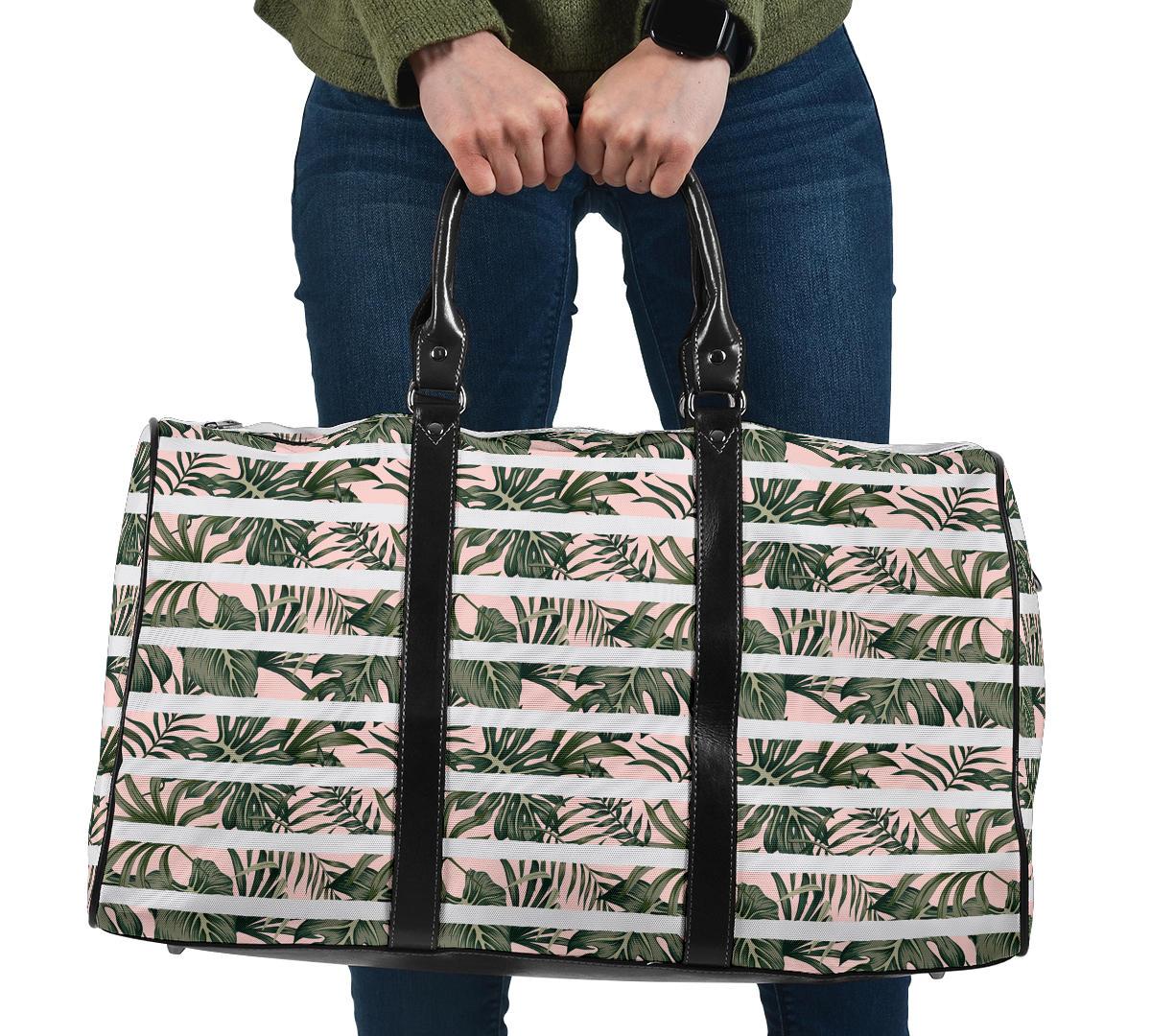 Hawaii Tropical Dark Green Leaves Seamless Pattern White Stripes Pink Background Hawaii Travel Bag Travel Bag One size Black - Polynesian Pride