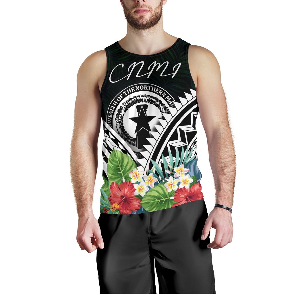 CNMI Men's Tank Top - CNMI Coat of Arms & Polynesian Tropical Flowers White - Polynesian Pride