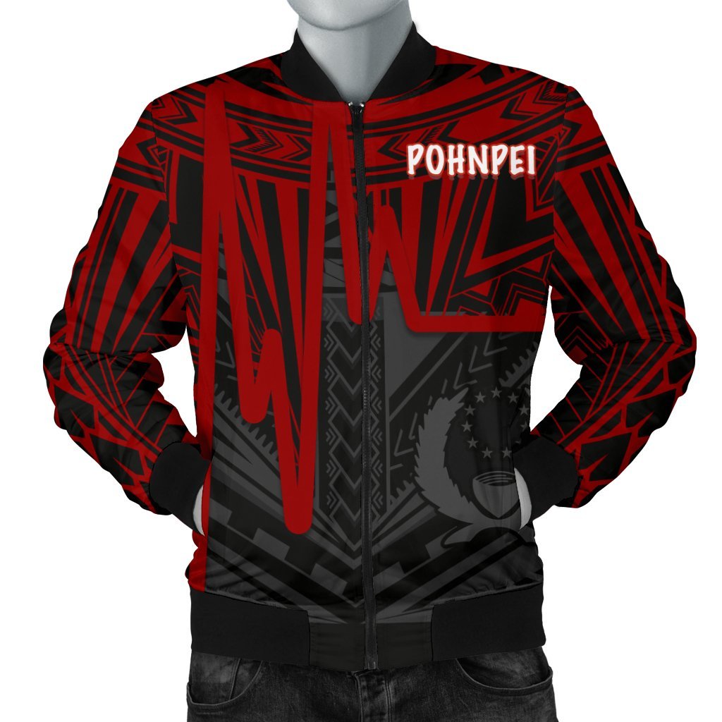 Pohnpei Men's Bomber Jacket - Pohnpei Seal In Heartbeat Patterns Style (Red) Red - Polynesian Pride