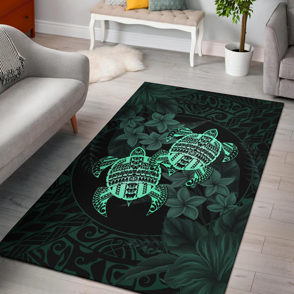 hawaii Rug - Turtle Strong Pattern Hibiscus Plumeria Turquoise AH Turquoise - Polynesian Pride