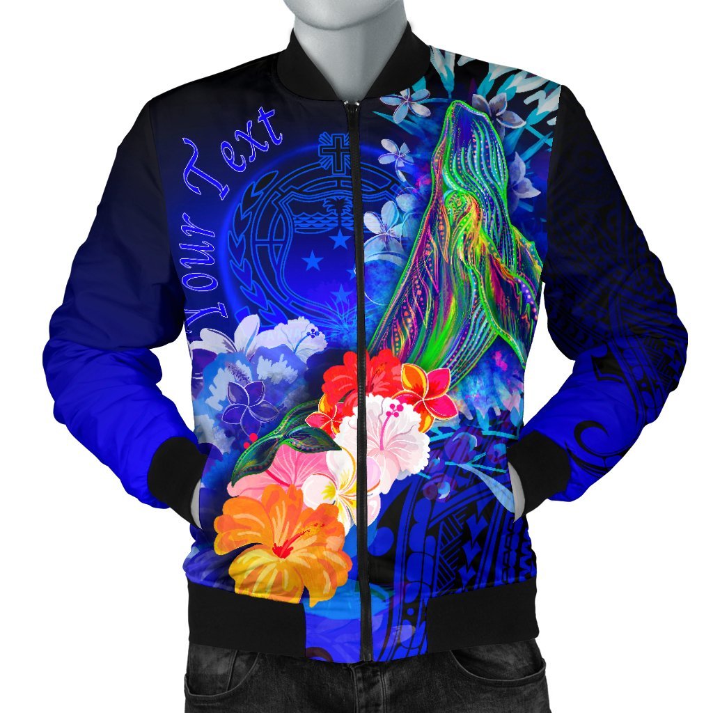 Custom Personalised Samoa Men's Bomber Jacket - Humpback Whale with Tropical Flowers (Blue) Blue - Polynesian Pride