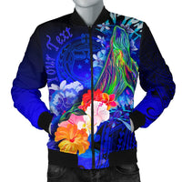 Custom Personalised Samoa Men's Bomber Jacket - Humpback Whale with Tropical Flowers (Blue) Blue - Polynesian Pride