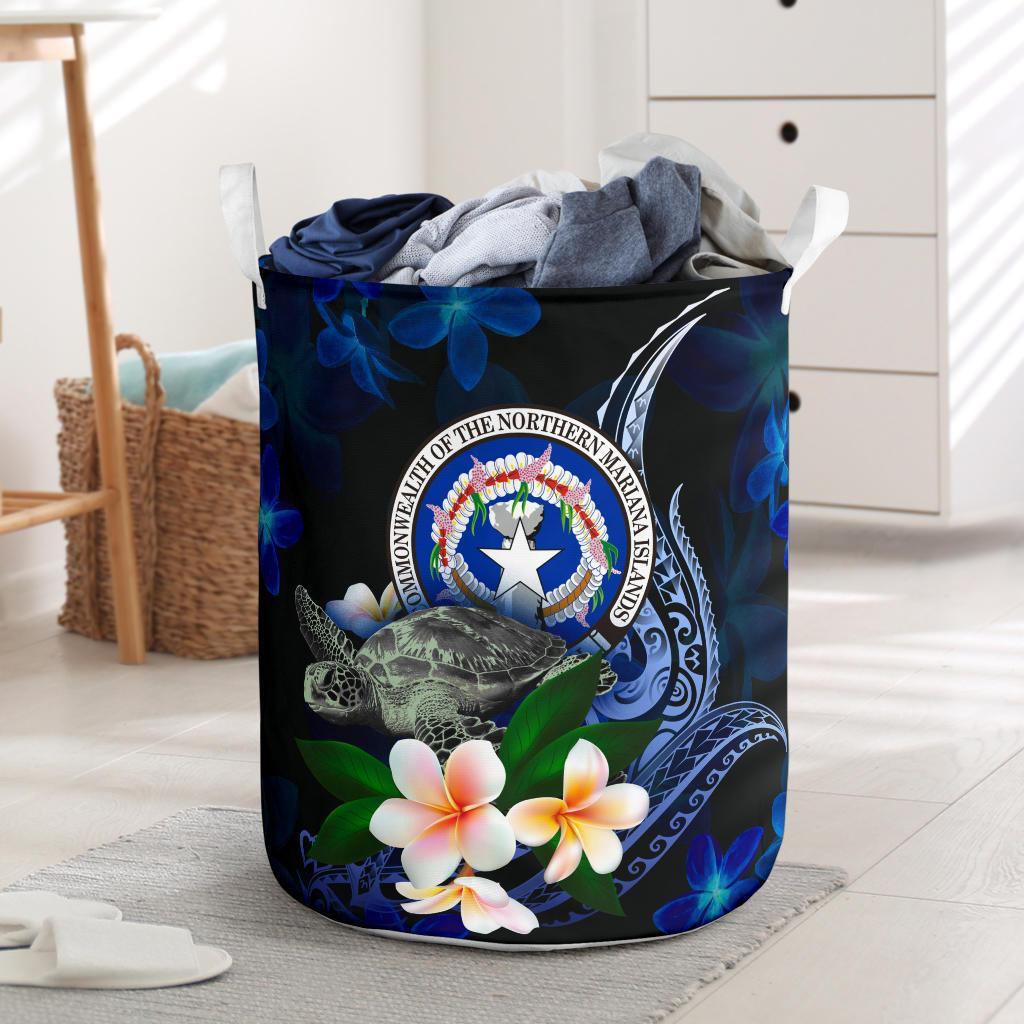 Northern Mariana Islands Polynesian Laundry Basket - Turtle With Plumeria Flowers One Style One Size Blue - Polynesian Pride