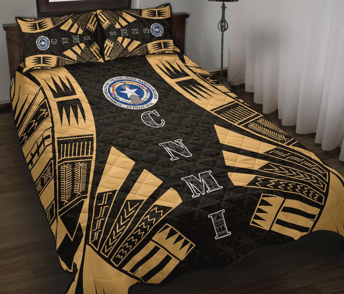 Northern Mariana Islands Quilt Bed Set - Northern Mariana Islands Seal & Polynesian Yellow Tattoo Style - Polynesian Pride
