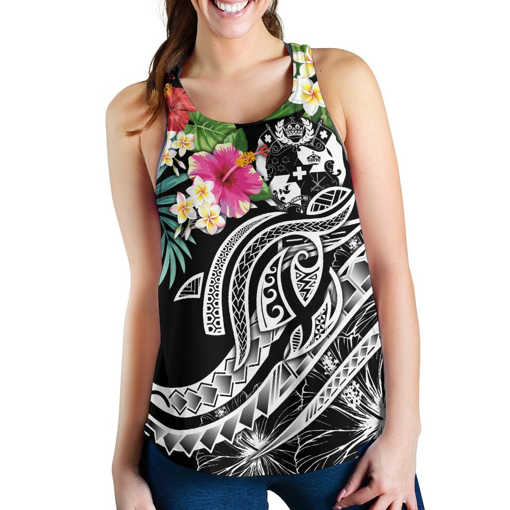 Tonga Polynesian Women's Racerback Tank - Summer Plumeria (Black) - Polynesian Pride