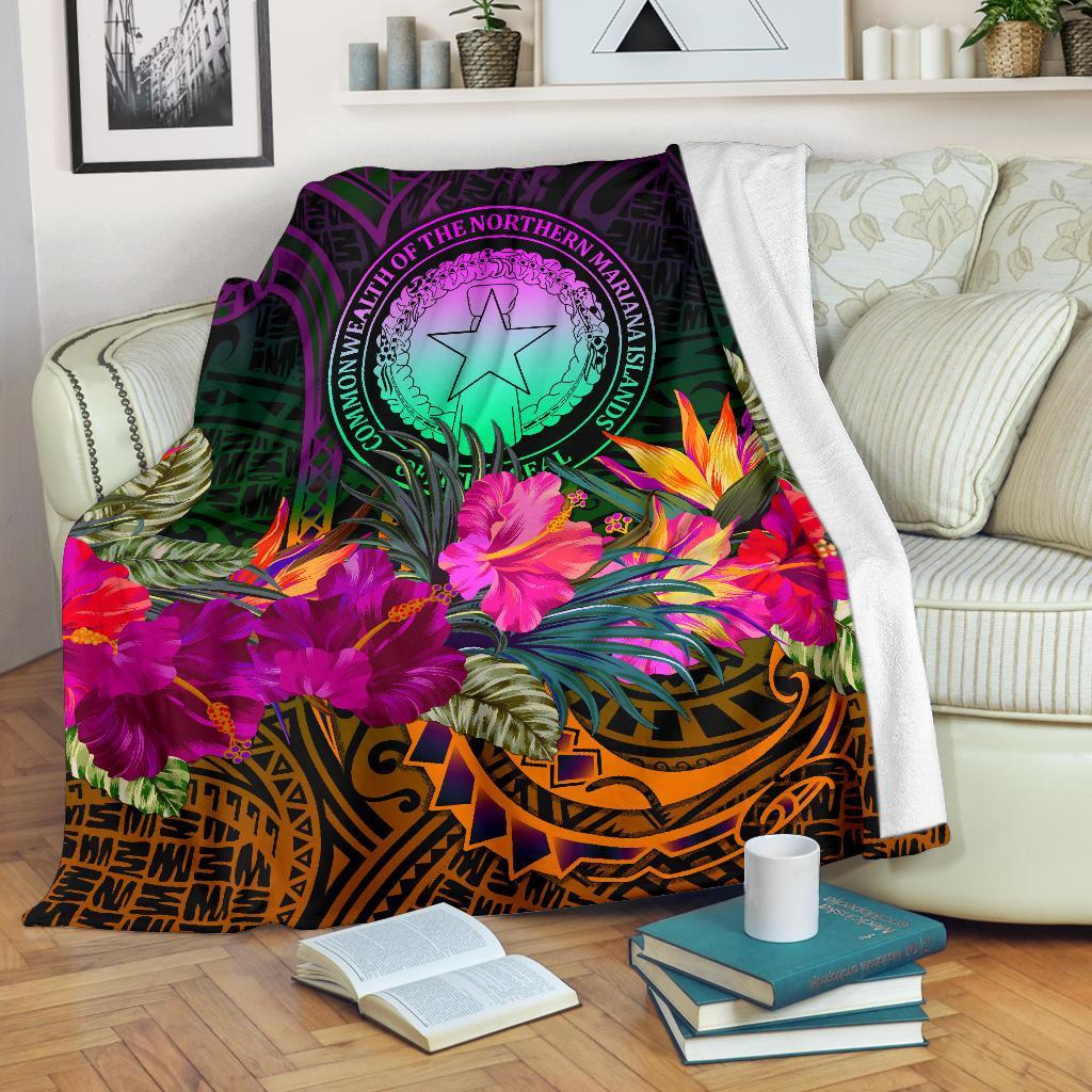 Northern Mariana Islands Polynesian Premium Blanket - Summer Hibiscus White - Polynesian Pride