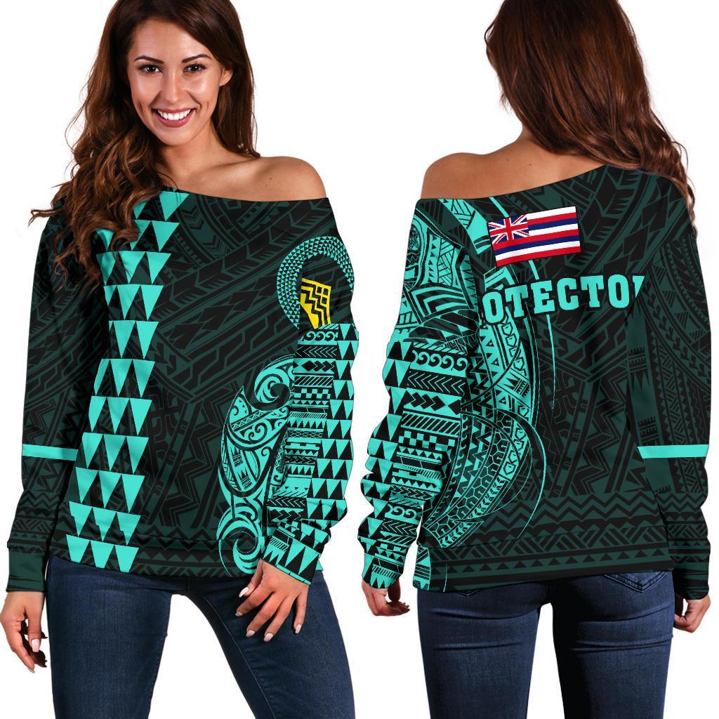 Hawaii Mauna Kea Polynesian Women's Off Shoulder Sweater - Turquoise Turquoise - Polynesian Pride
