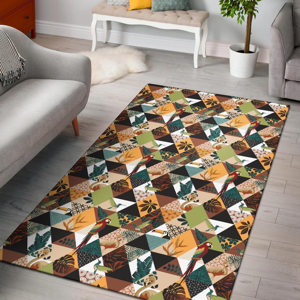 Tropical Jungle Parrots And Flamingos Pattern Rug Black - Polynesian Pride