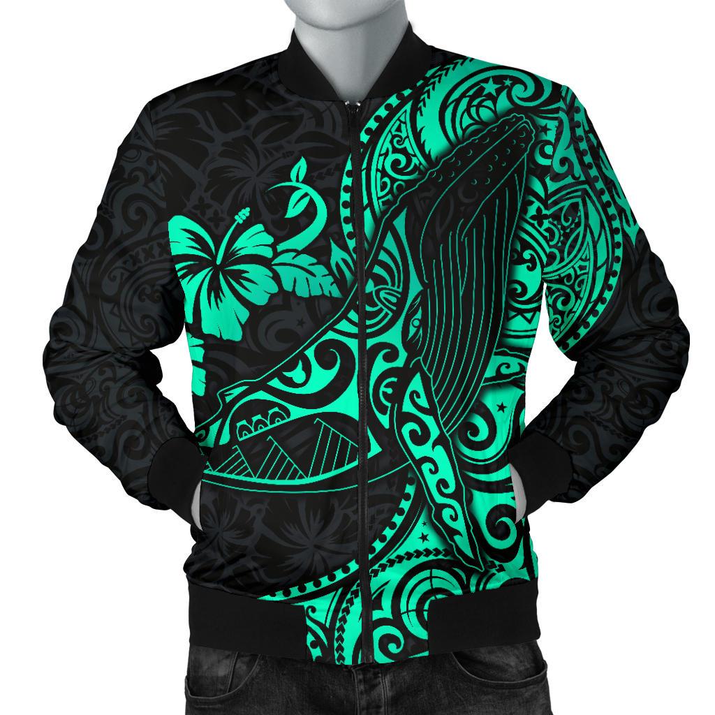 Polynesian Hawaii Men's Bomber Jacket - Polynesian Turquoise Humpback Whale Turquoise - Polynesian Pride