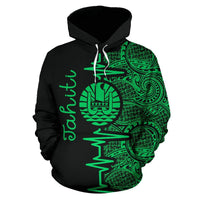 Tahiti Polynesian Hoodie Tahiti Flag Heartbeat Pattern Green Version TH0 - Polynesian Pride