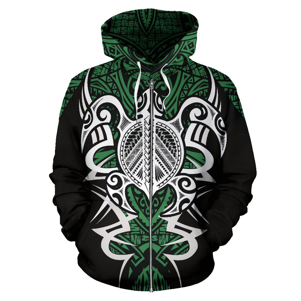 Hawaii Turtle Tribal Green Zip up Hoodie Armor Style - Polynesian Pride