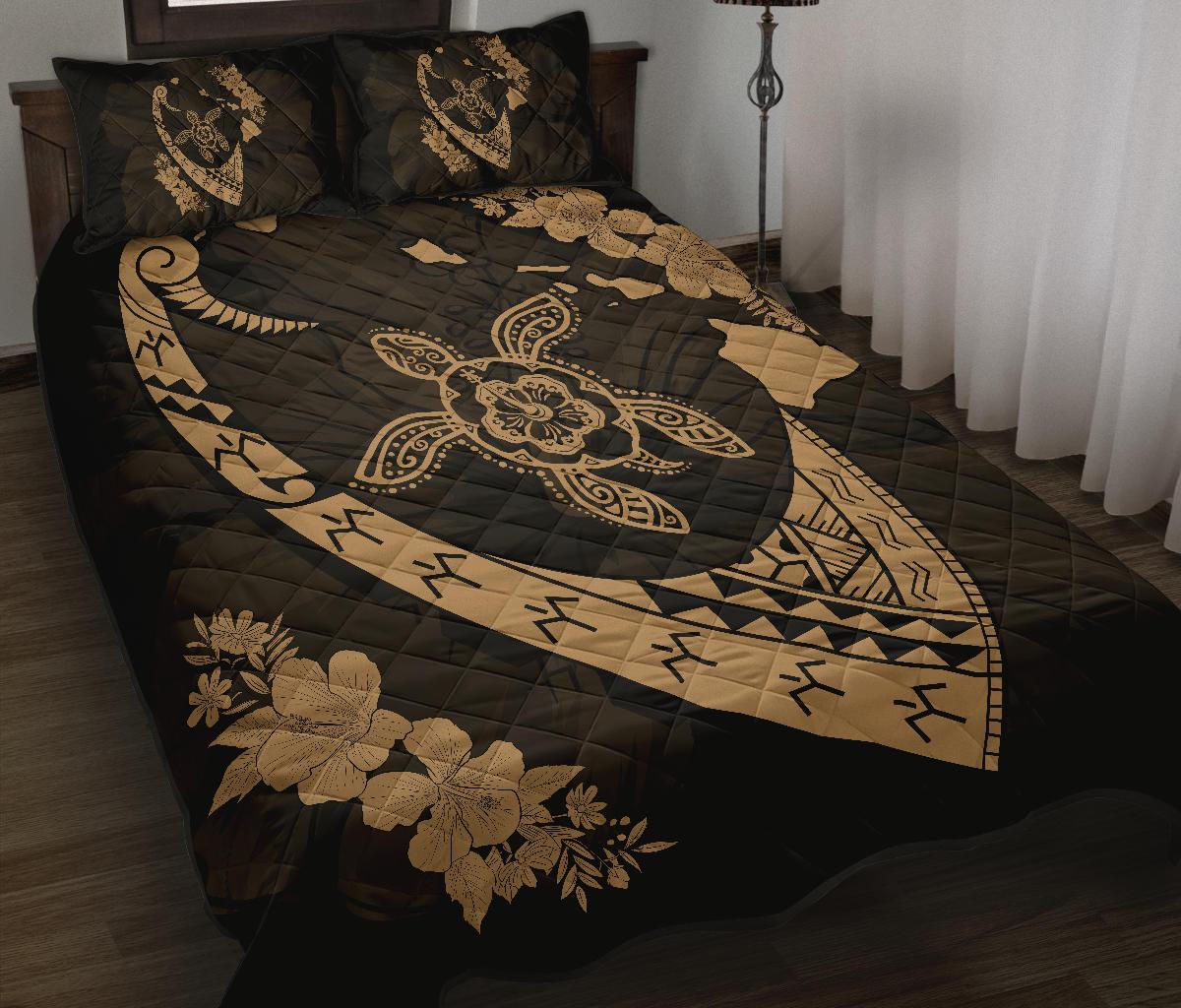 Hawaiian Map Hibiscus Turtle Fish Hook Polynesian Quilt Bedding Set Gold - Polynesian Pride