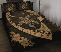 Hawaiian Map Hibiscus Turtle Fish Hook Polynesian Quilt Bedding Set Gold - Polynesian Pride