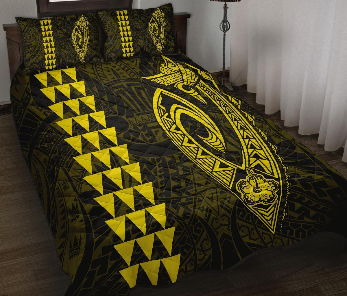 Hawaii Kakau Makau Fish Hook Polynesian Quilt Bed Set - Yellow - Polynesian Pride