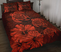 Personalized - Hawaii Map Turtles Hibiscus Quilt Bed Set - Orange - Polynesian Pride