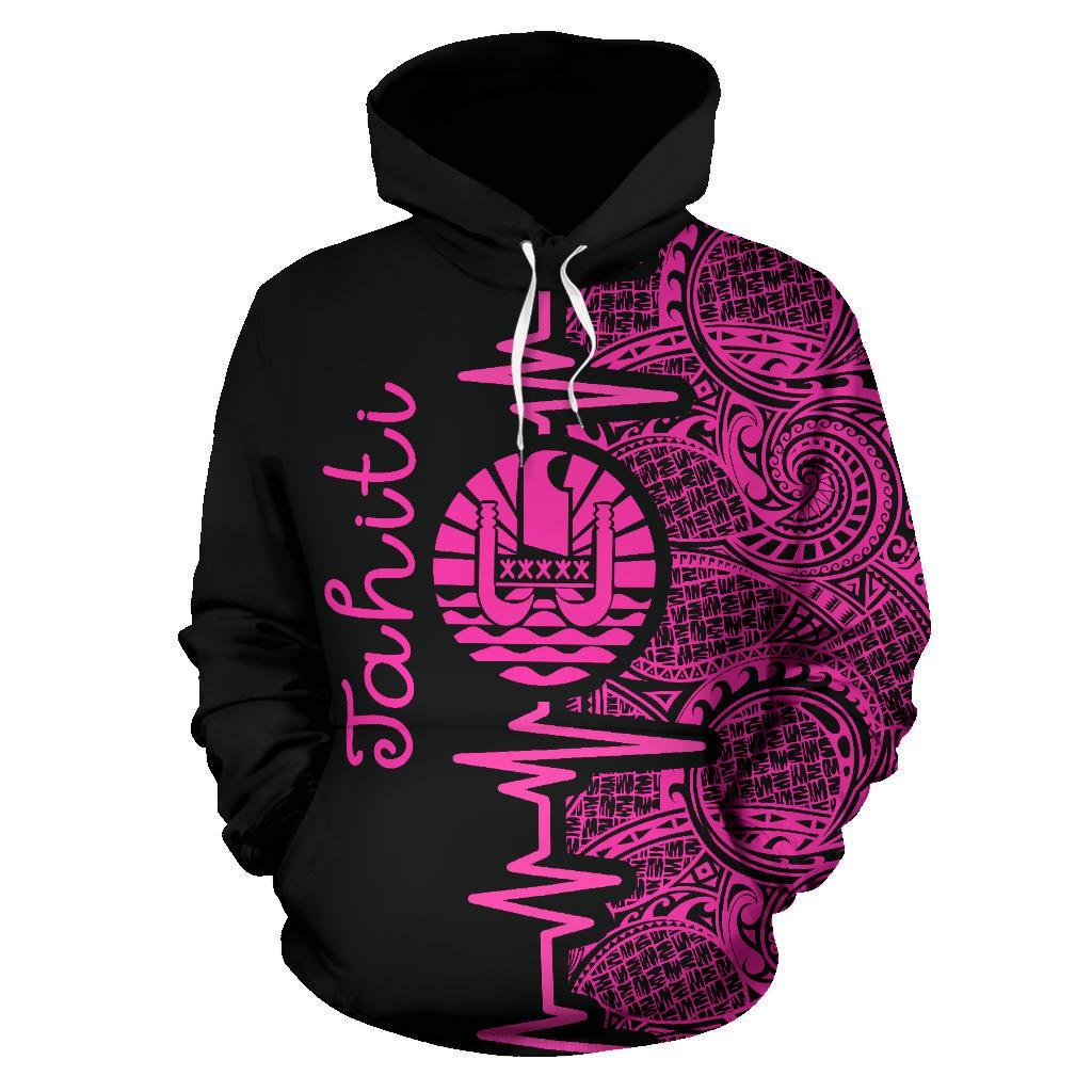 Tahiti Polynesian Hoodie Tahiti Flag Heartbeat Pattern Pink Version TH0 - Polynesian Pride