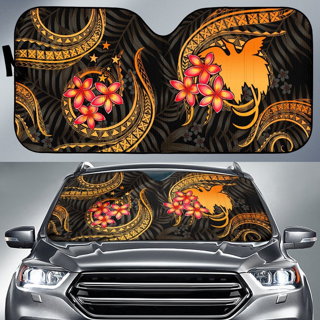 Papua New Guinea Auto Sun Shades - Gold Plumeria Auto Sun Shade Universal Fit GOLD - Polynesian Pride
