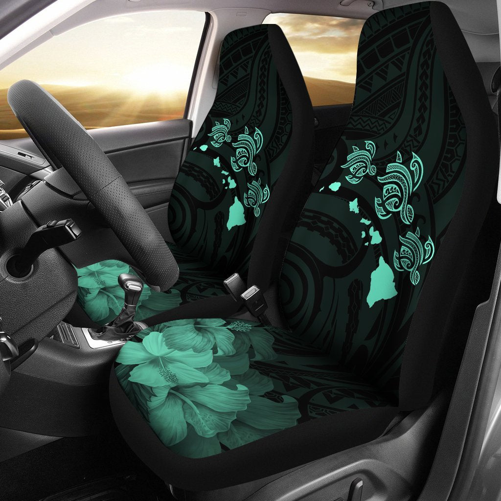 Hawaii Hibiscus Map Polynesian Ancient Turquoise Turtle Car Set Covers - Polynesian Pride