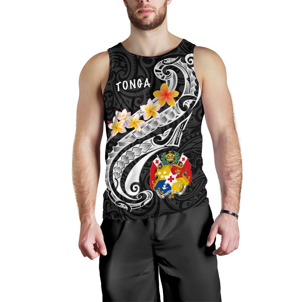 Tonga Men's Tank Top - Tonga Seal Polynesian Patterns Plumeria (Black) - Polynesian Pride