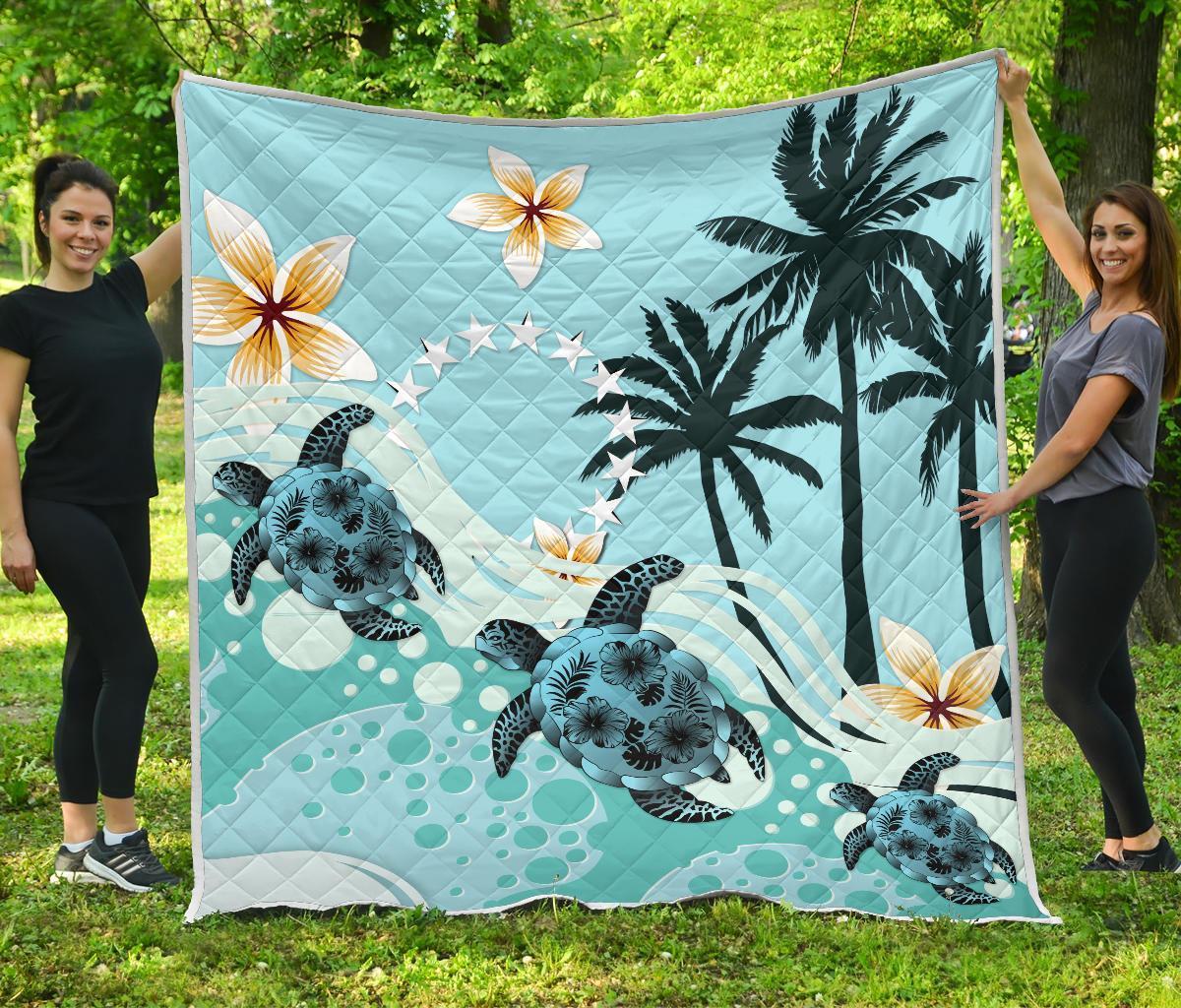 Cook Islands Premium Quilt - Blue Turtle Hibiscus Blue - Polynesian Pride