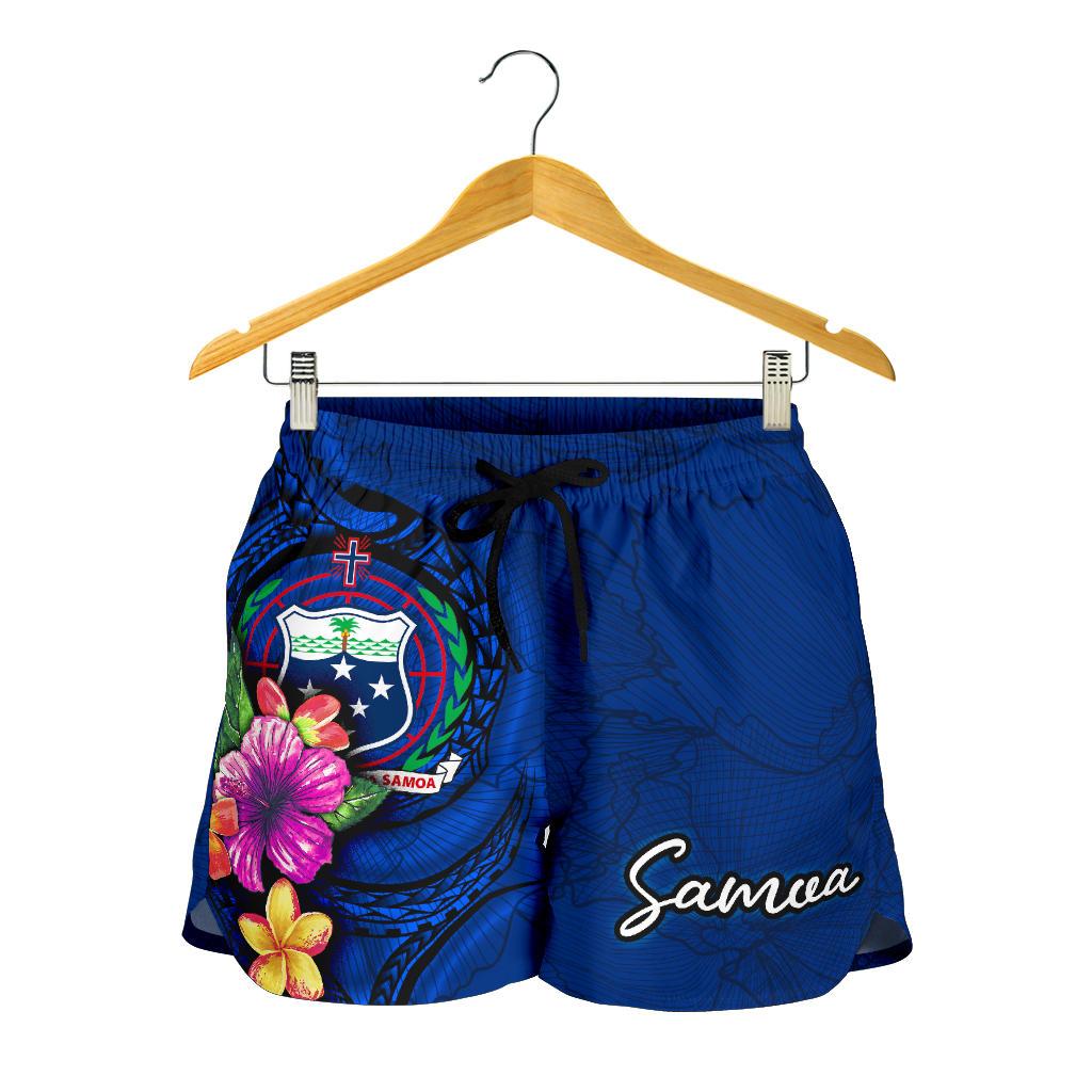 Samoa Polynesian Women's Short - Floral With Seal Blue - Polynesian Pride