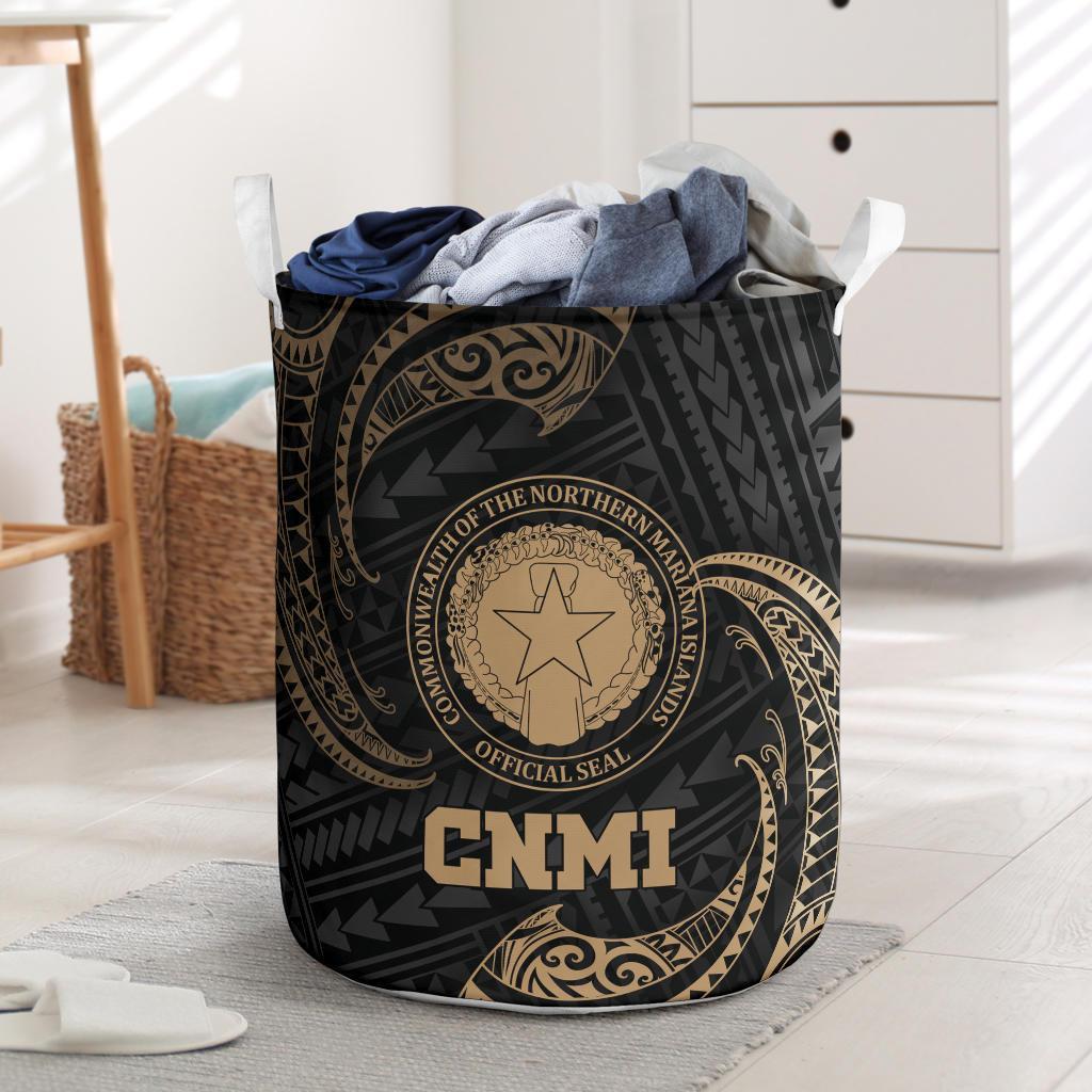 Northern Mariana Islands Polynesian Laundry Basket - Gold Tribal Wave One Style One Size Black - Polynesian Pride