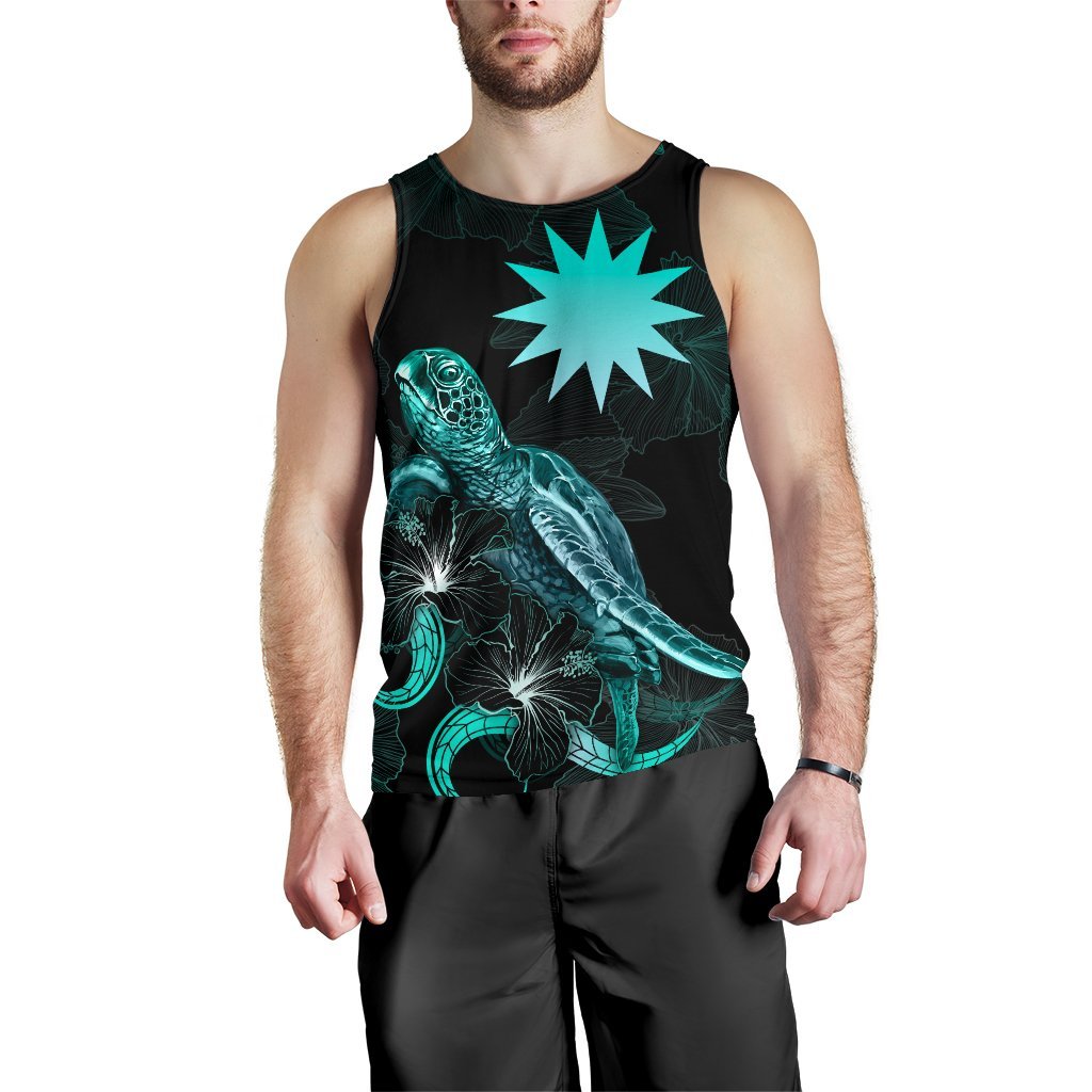 Nauru Polynesian Men Tank Top - Turtle With Blooming Hibiscus Tuquoise - Polynesian Pride