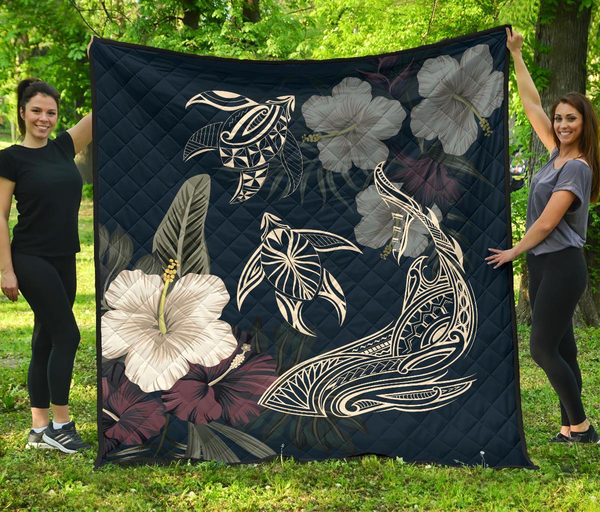 Hawaii Tropical Hibiscus Turtle Shark Aumakua Premium Quilt - Lucas Style - Blue Blue - Polynesian Pride