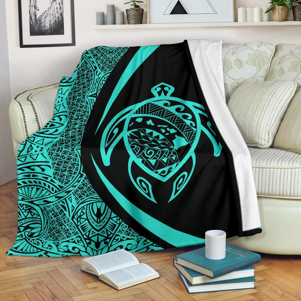 Hawaii Turtle Map Polynesian Premium Blanket - Turquoise - Circle Style White - Polynesian Pride
