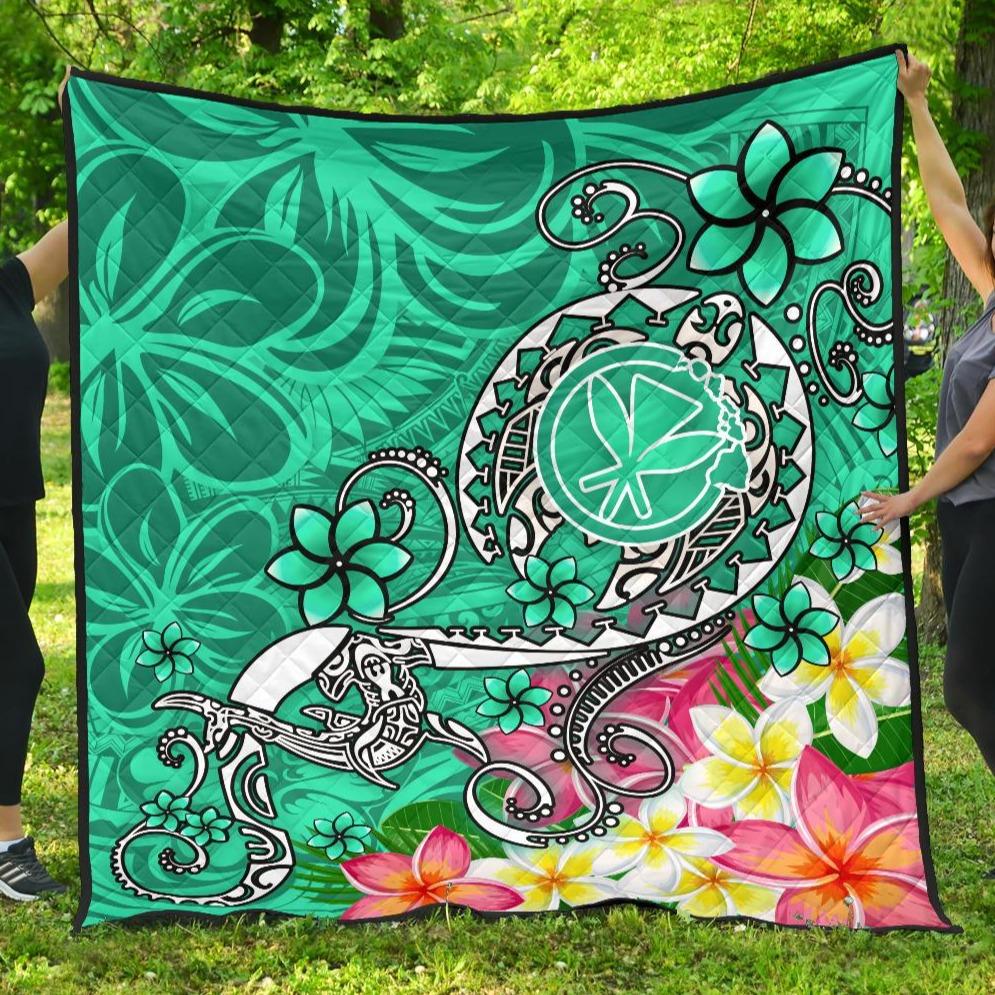 Hawaii Premium Quilt - Turtle Plumeria Polynesian Tattoo Turquoise Color Turquoise - Polynesian Pride