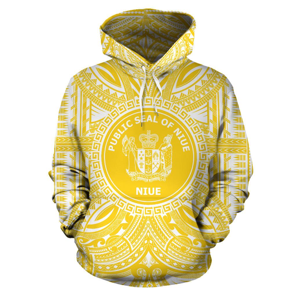 Niue ll Over Hoodie Niue Coat of rms Polynesian Flag Color Unisex Yellow - Polynesian Pride