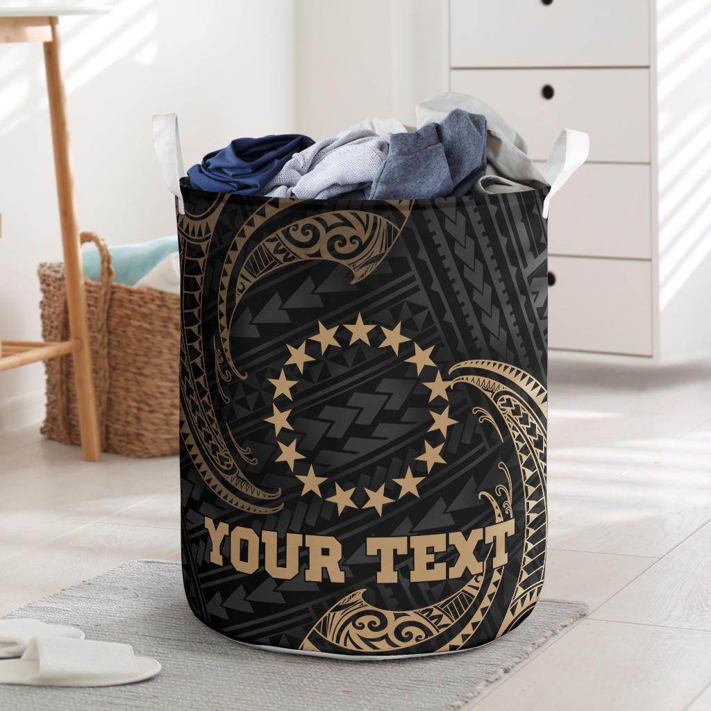 Cook Islands Polynesian Custom Personalised Laundry Basket - Gold Tribal Wave One Style One Size Black - Polynesian Pride
