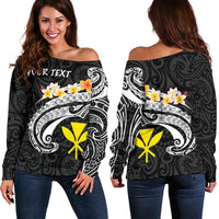 Hawaii Custom Personalised Women's Off Shoulder Sweater - Kanaka Maoli Polynesian Patterns Plumeria (Black) - Polynesian Pride