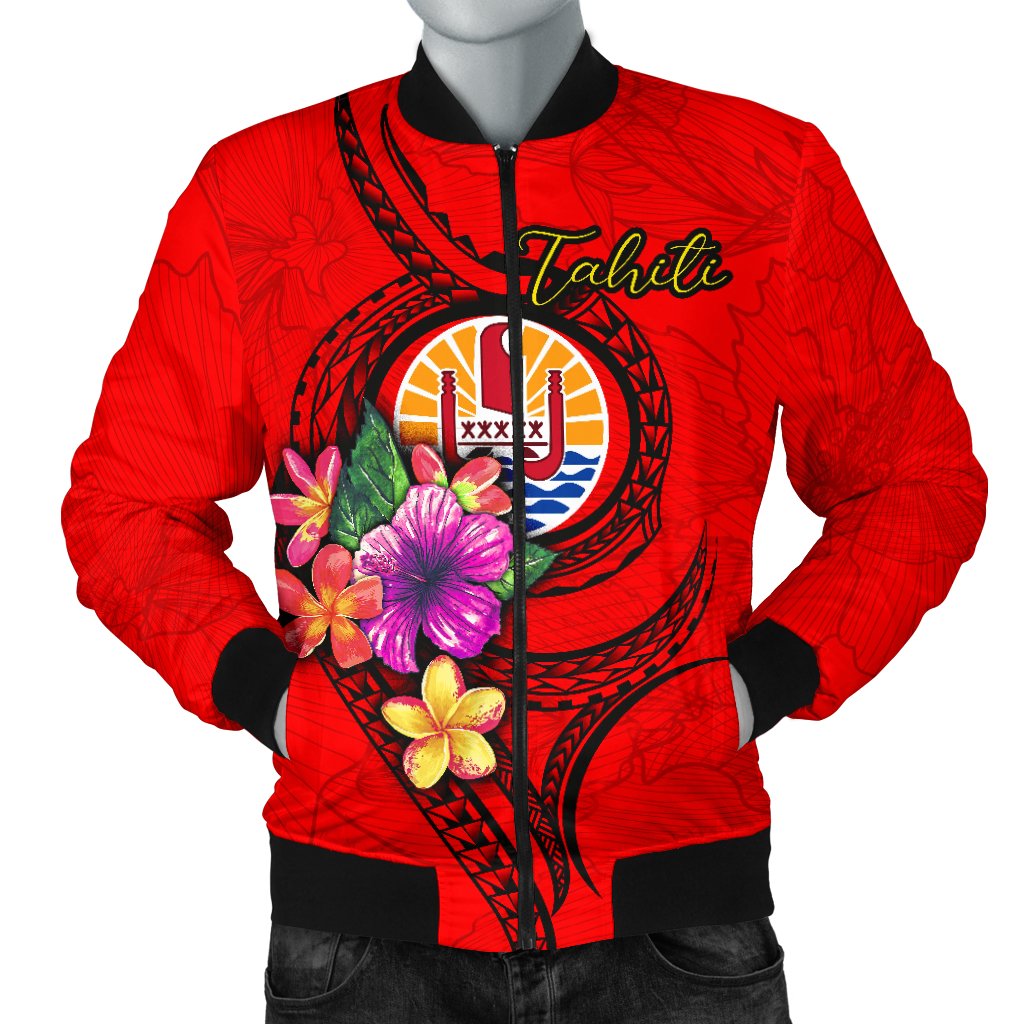 Tahiti Polynesian Men's Bomber Jacket - Floral With Seal Red Red - Polynesian Pride