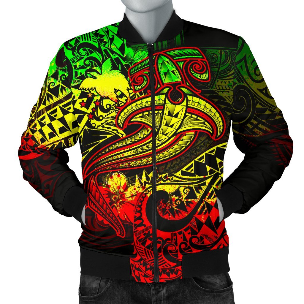 Papua New Guinea Men's Bomber Jacket - Reggae Shark Polynesian Tattoo Reggae - Polynesian Pride