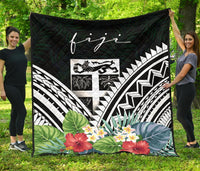 Fiji Premium Quilt - Fiji Coat of Arms & Polynesian Tropical Flowers White - Polynesian Pride