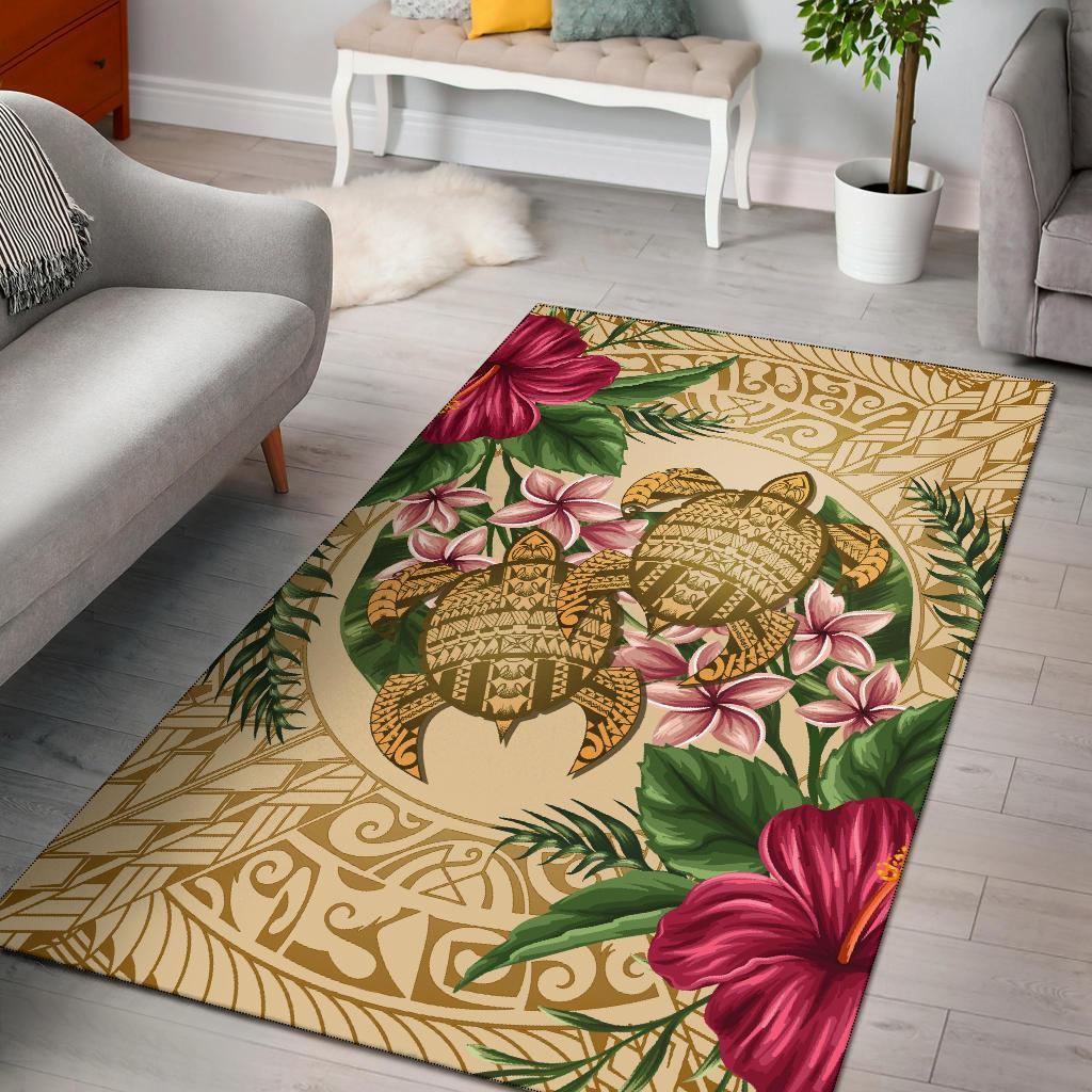 hawaii Rug - Turtle Strong Pattern Hibiscus Plumeria AH Gold - Polynesian Pride