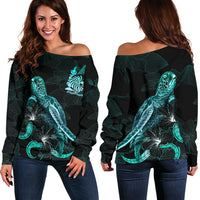 New Caledonia Polynesian Women's Off Shoulder Sweater - Turtle With Blooming Hibiscus Turquoise Turquoise - Polynesian Pride