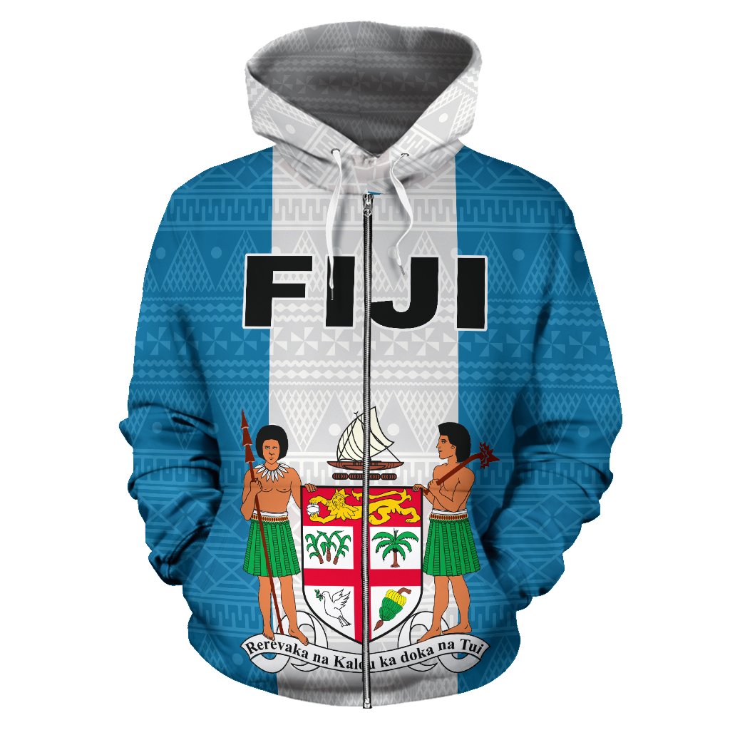 Fiji Polynesian All Over Zip up Hoodie Flag and Coat of Arm - Polynesian Pride
