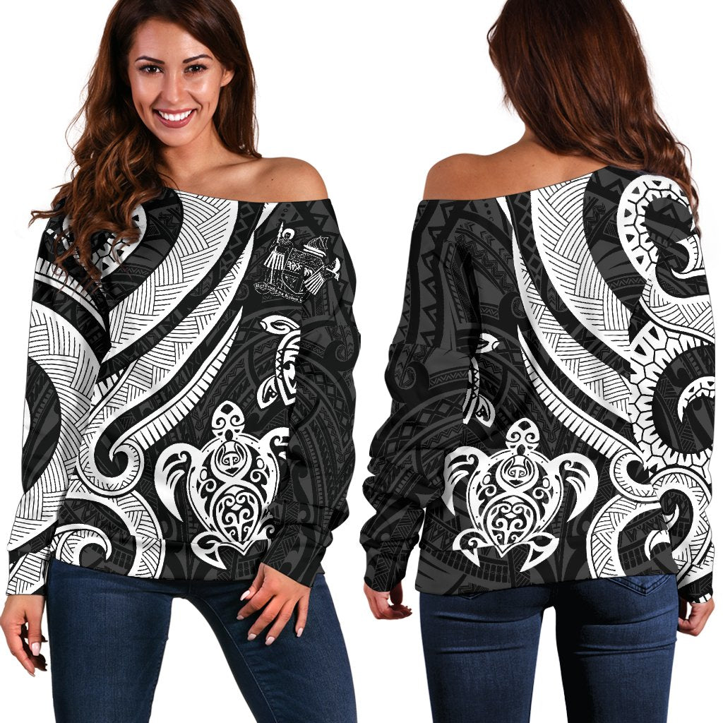 Fiji Polynesian Women Of Shoulder Sweater - White Tentacle Turtle Crest White - Polynesian Pride