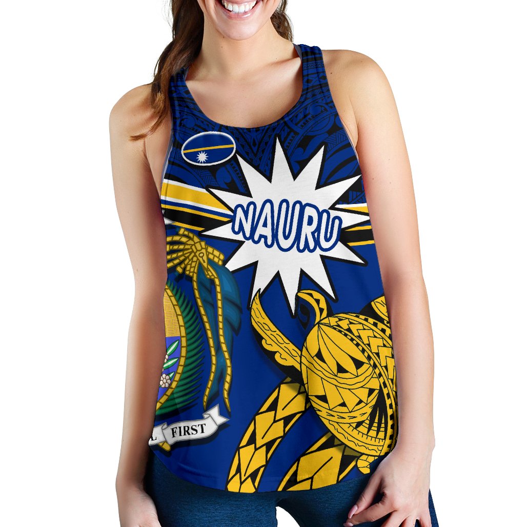Nauru Rugby Women Racerback Tank Version Turtle Polynesian Blue - Polynesian Pride