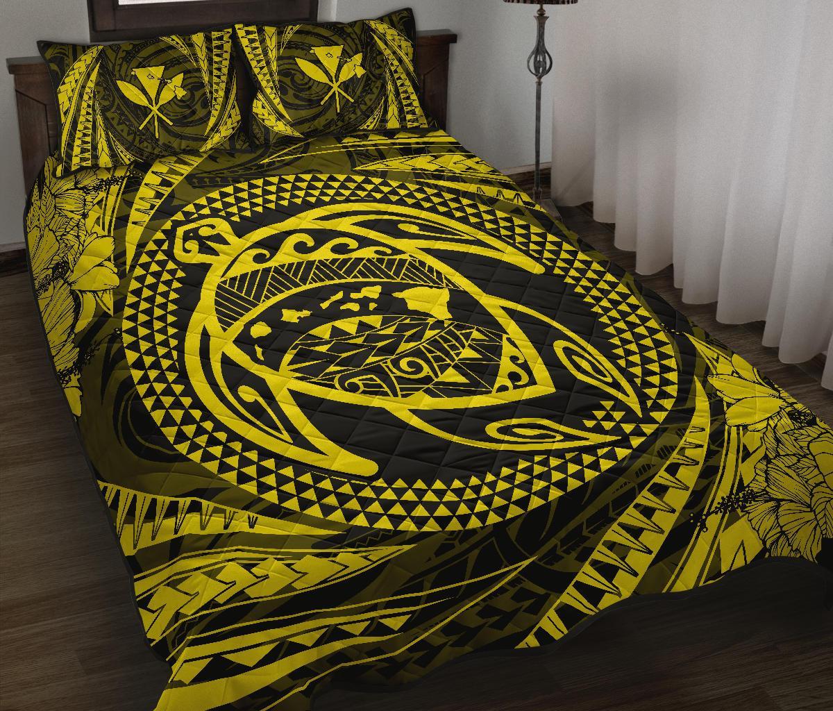 Hawaiian Kanaka Honu Hibiscus Tornando Yellow Polynesian Quilt Bed Set - Polynesian Pride